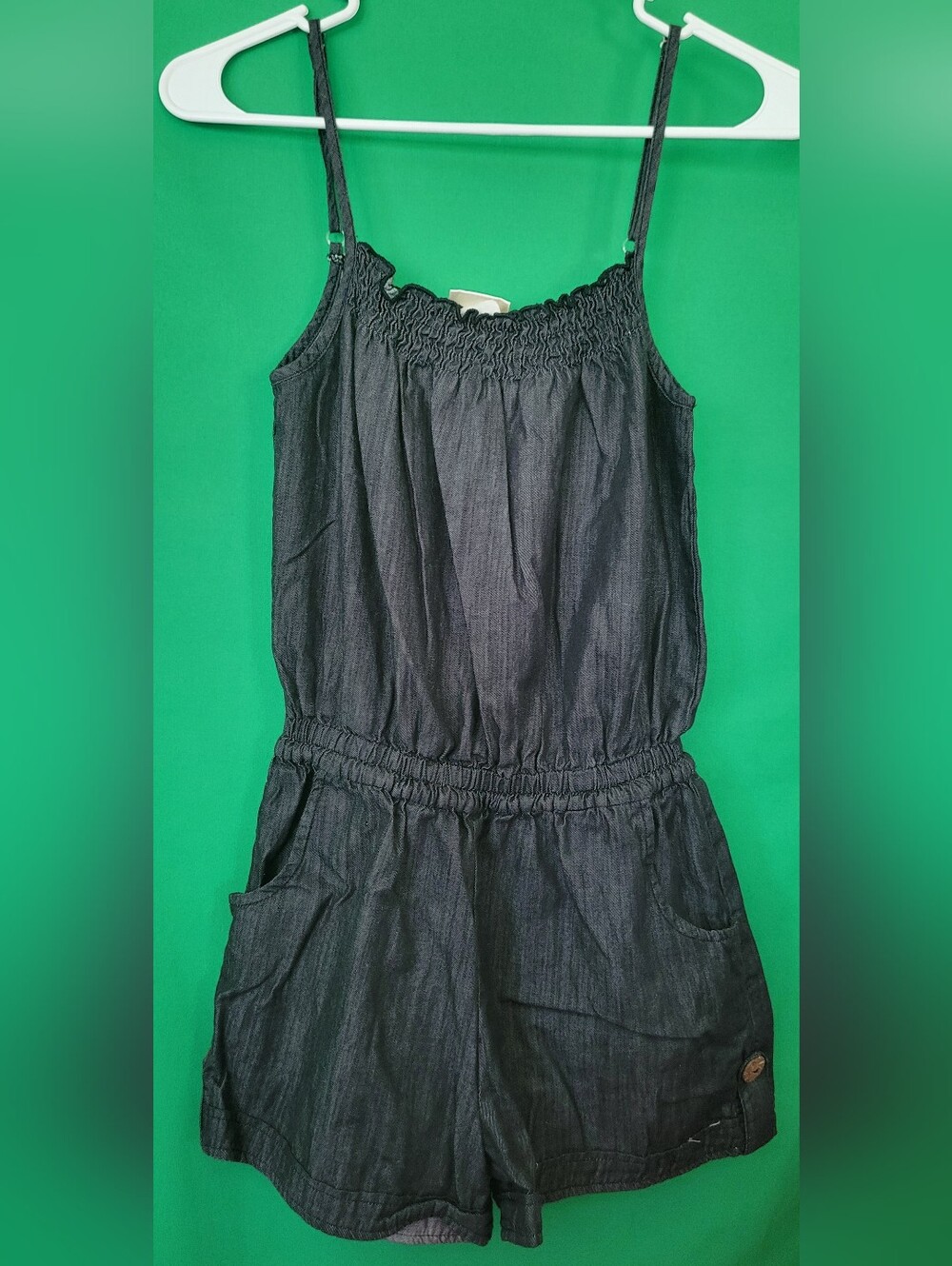 Pretty Good Black Smocked Camisole Romper Denim Lace-Trim Spaghetti Strap Small